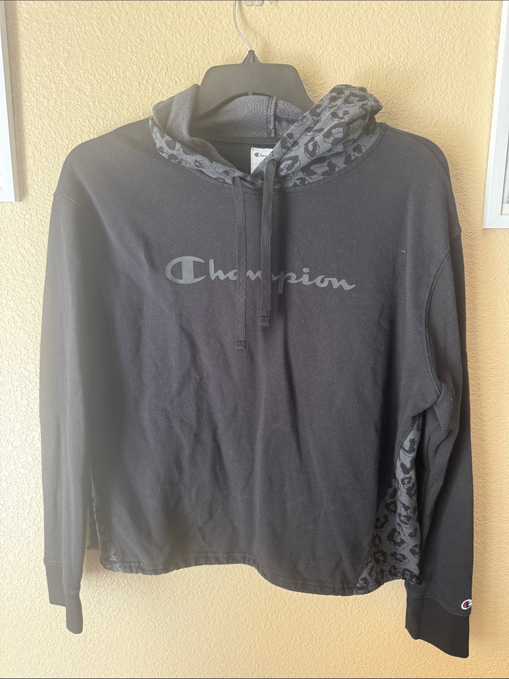 Champion Black Crewneck Hoodie with Gray Leopard Accents